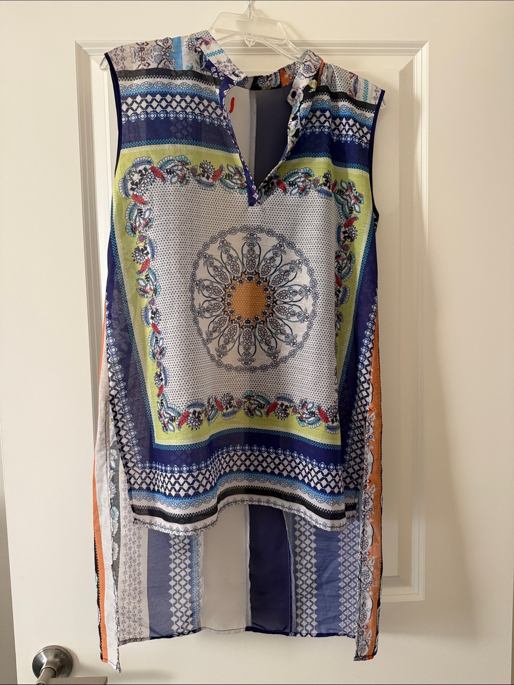 Anthropologie Sleeveless sheer Printed Tunic Top in Navy, Lime & Orange